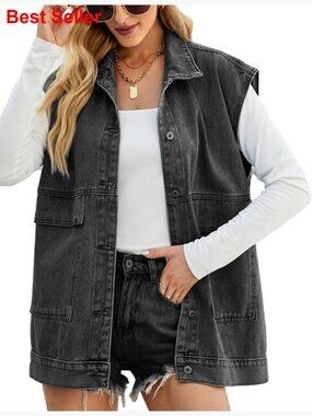 Oversized Sleeveless Button Down Denim Jean Vest Shacket Jacket